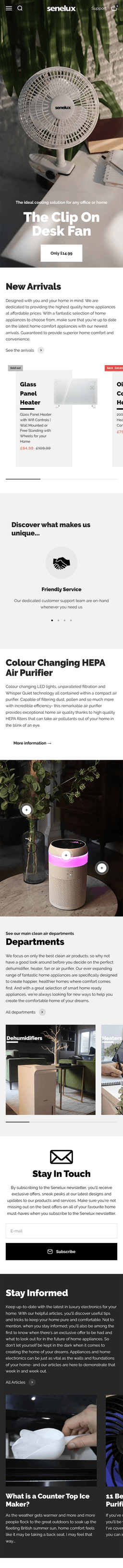 Full screen of the Senelux website homepage in mobile form
