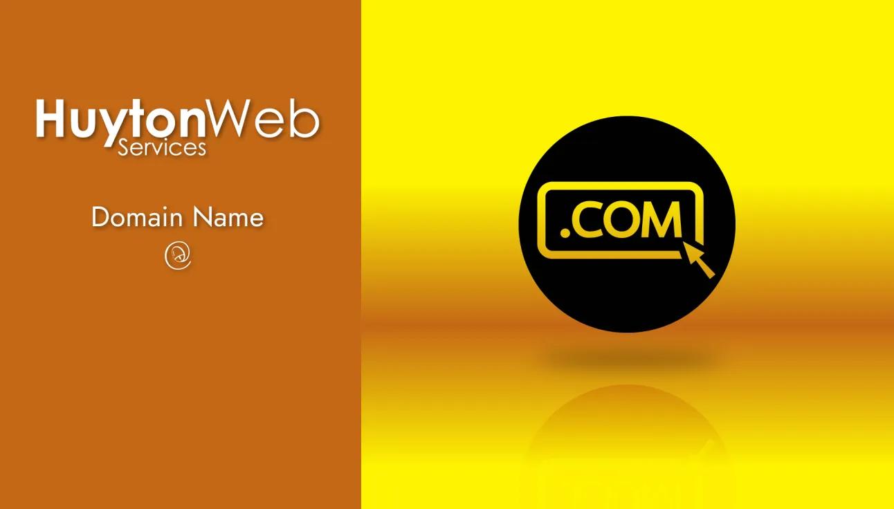 Huyton Web Service logo with title domain name and a circle containing .com with a pointer pointing to it