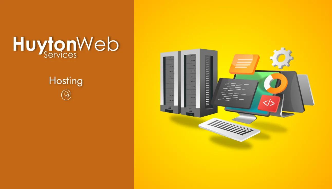 Huyton Web Service logo with title hosting and a computer with a server representing hosting