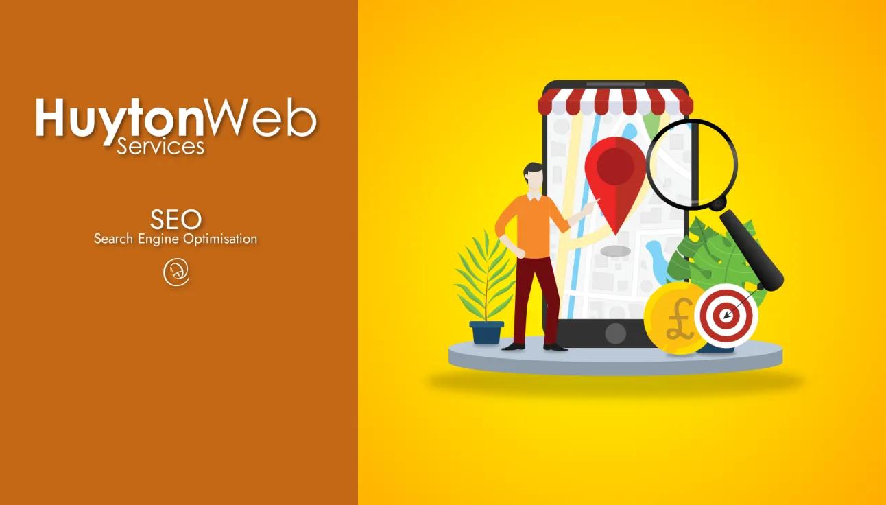 Huyton Web Service logo with SEO text and a mobile phone under a magnifying glass