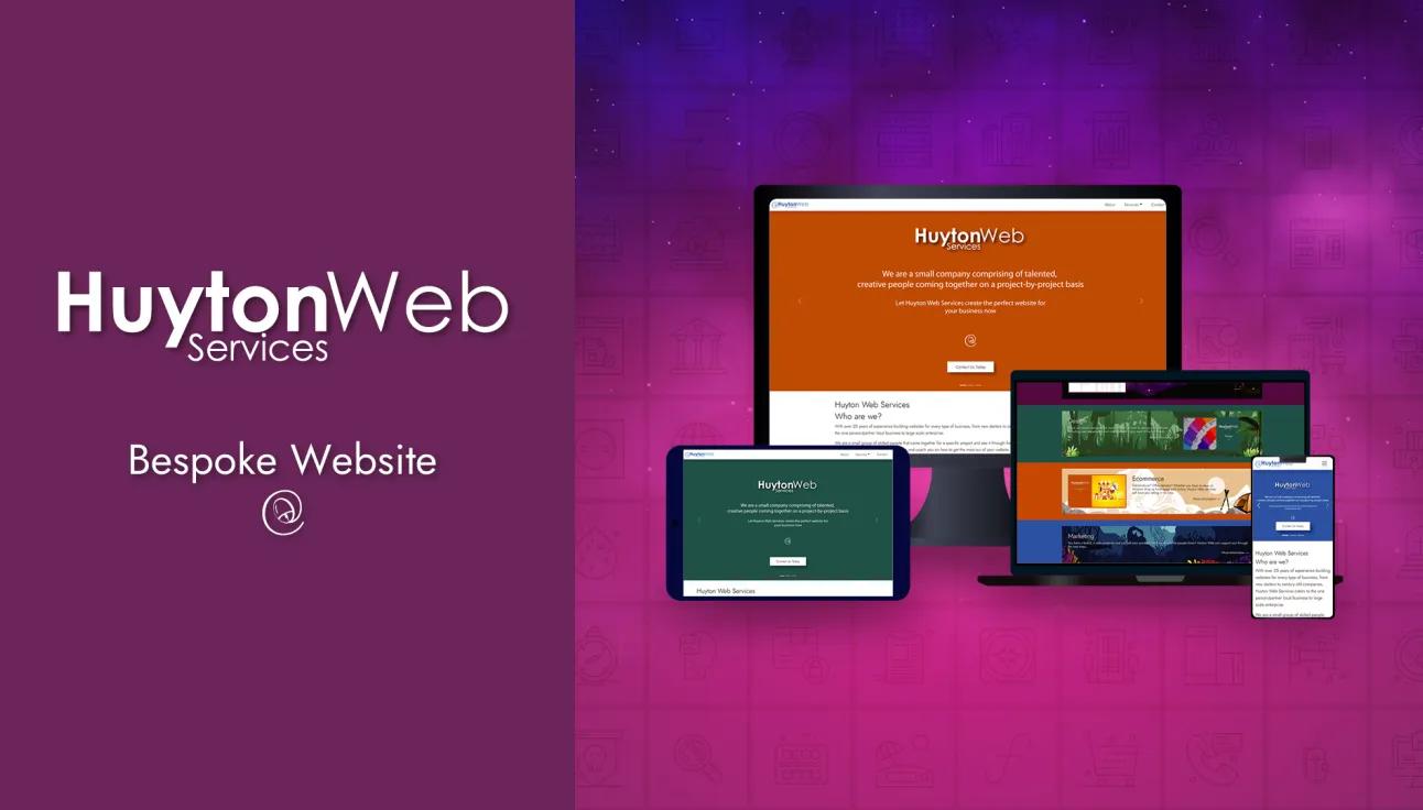 Huyton Web Service logo with title bespoke website one the left with multiple devices on the right showing a website