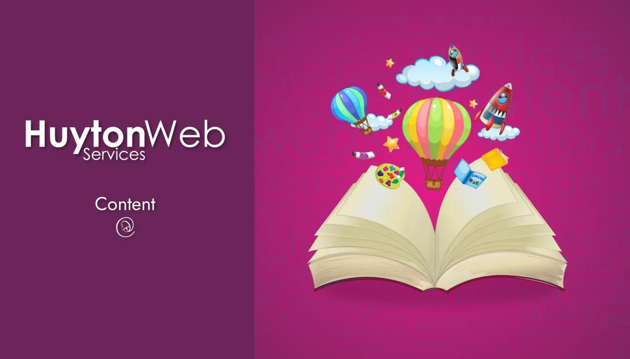 Huyton Web Service logo with title content and a book with content like rockets and air balloons going into the book. Behind the text is a word cloud of content words.