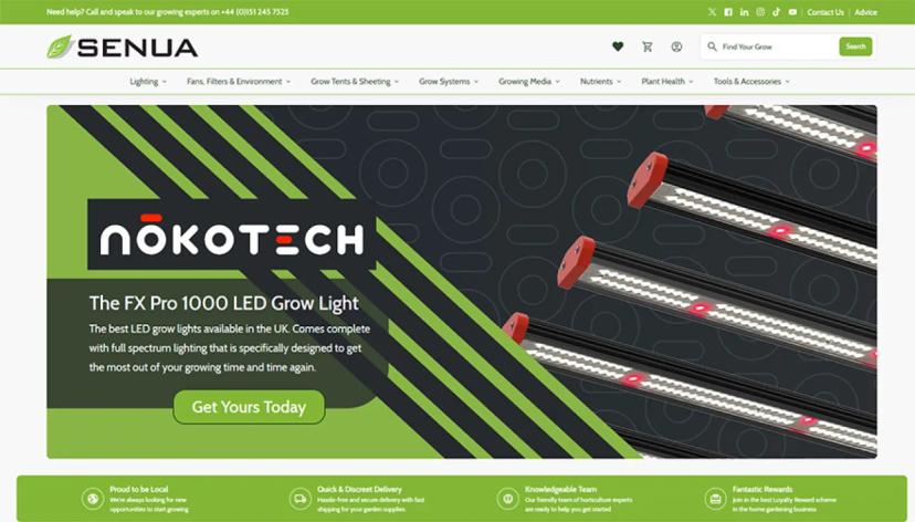 Full screen of Senua Hydroponics website homepage