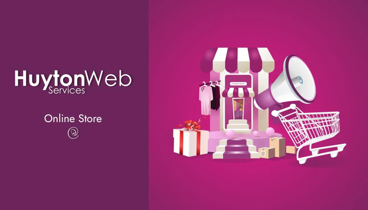Huyton Web Service logo with the title online shop showing ecommerce packaging and a shop front