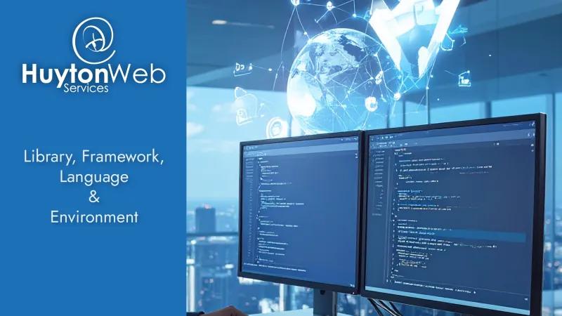 Huyton Web Services logo with the title Library vs Framework vs Language vs Environment and a screen with code