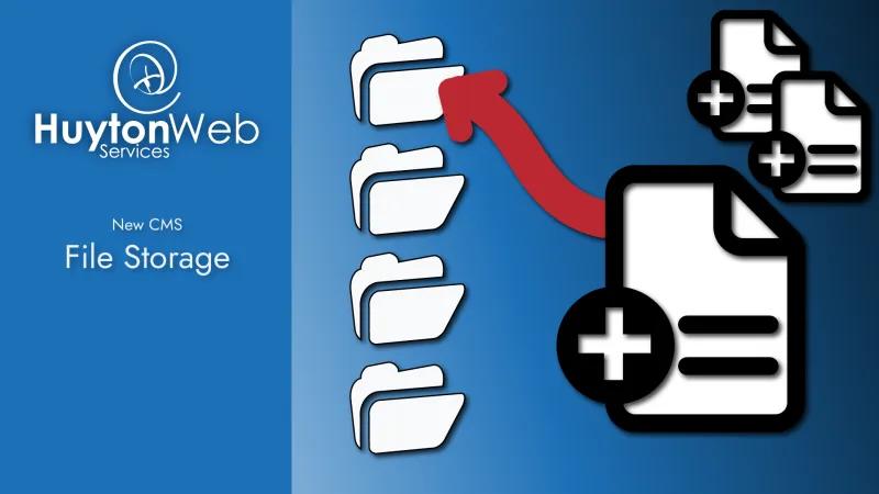 Huyton Web Services logo with the title New CMS - File Storage and the icons for files dropping into the icons for folders