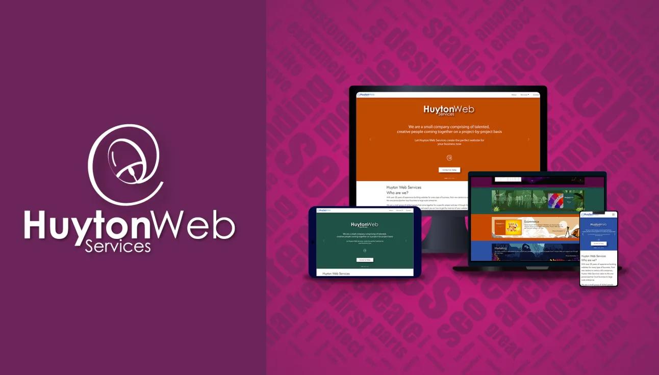 Huyton Web Service logo and devices showing the website
