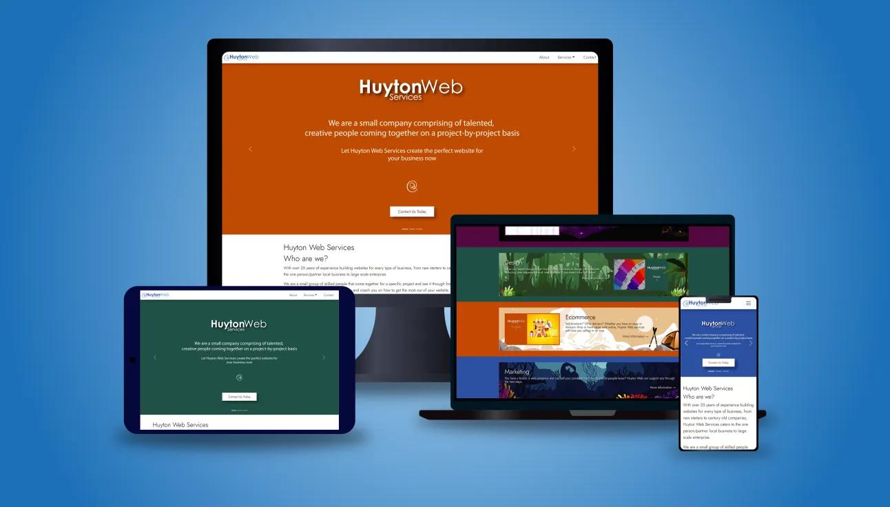 4 devices (mobile, laptop, monitor and tablet) with the Huyton Web Services website on the screen over the brand blue background.