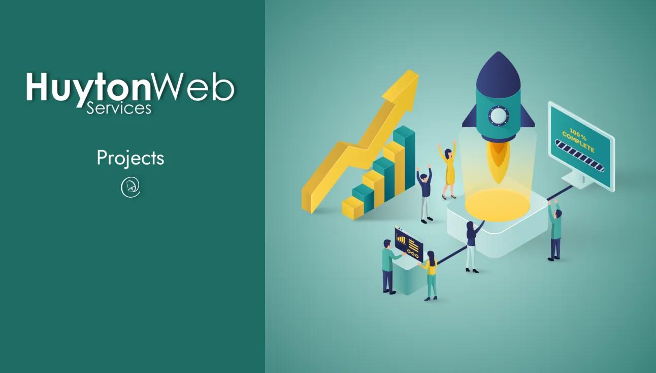 Huyton Web Service logo on the left with a rocket and computers at 100% representing a completed project
